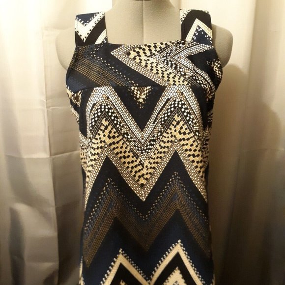 New High Busted Babydoll Sleeveless Blouse M Blue Peach Black Chevron Square Nec - Picture 1 of 4